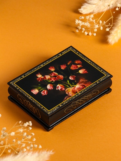 Шкатулка для украшений «Тюльпаны», 10×14 см, лаковая миниатюра