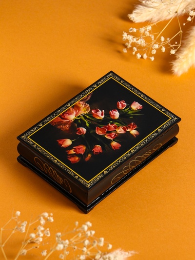 Шкатулка для украшений «Тюльпаны», 10×14 см, лаковая миниатюра