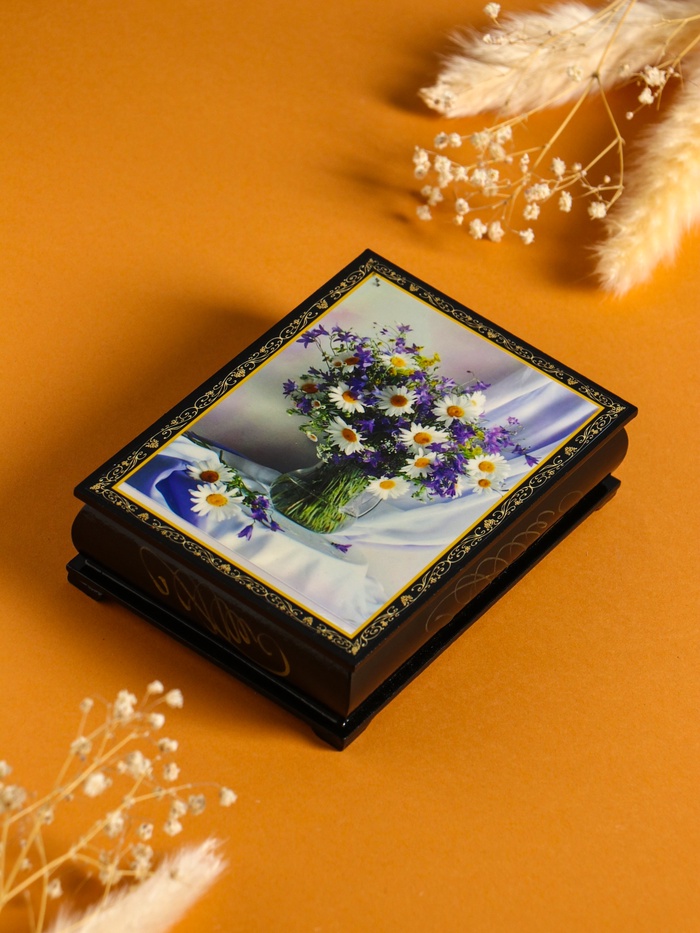 Шкатулка для украшений «Букет с ромашками», 10×14 см, лаковая миниатюра - Фото 1