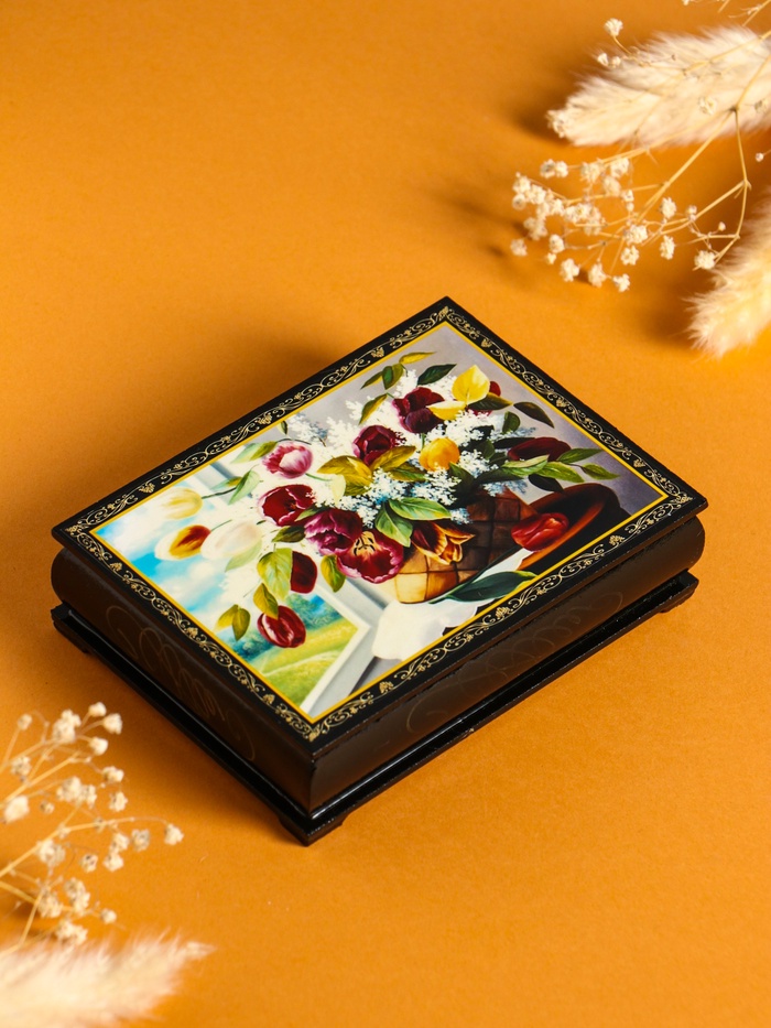 Шкатулка для украшений «Цветы в корзине», 10×14 см, лаковая миниатюра - Фото 1