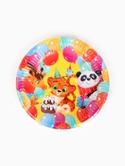 Тарелка одноразовая бумажная «С Днём рождения, весёлые зверята», жёлтая, 18 см (10 шт) - фото 809252872