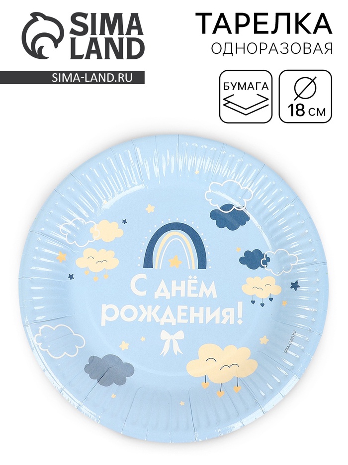 Тарелка одноразовая бумажная «С Днём рождения», голубая, 18 см