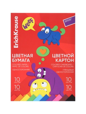 Набор для детского творчества А4, 20 листов, 10 цветов, ErichKrause Jolly Friends, картон + бумага, мелованная односторонняя, на склейке, схема поделки