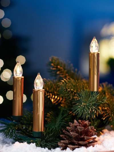 Светодиодные «Свечи на прищепках золотистые» 9 см, набор 10 шт., 10 LED, от батареек АААх10, пульт, свечение тёплое белое