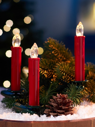 Светодиодные «Свечи на прищепках красные» 11 см, набор 10 шт., 10 LED, от батареек ААх10, пульт, свечение тёплое белое