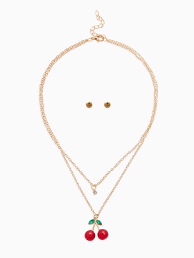Набор 2 предмета: пуссеты, кулон «Вишенка со стразинкой», 50+40 см, d=4, красный в золоте