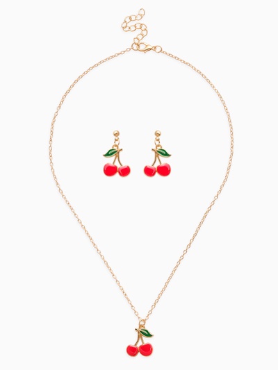 Набор 2 предмета: серьги, кулон «Вишенки», 44 см, красный в золоте