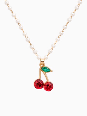 Кулон на жемчужной дорожке «Вишенка», 44 см, бело-красный в золоте