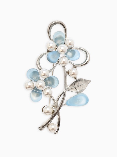 Брошь с жемчугом «Цветы», голубая в серебре