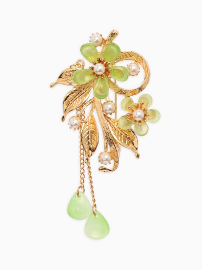 Брошь с жемчугом «Цветы», светло-зелёная в золоте