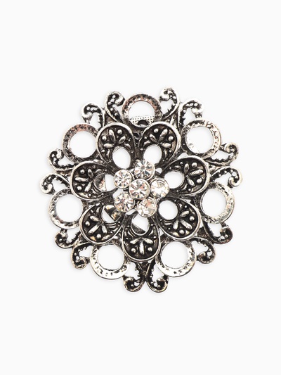 Зажим для платка «Цветок астры», белый в чернёном серебре