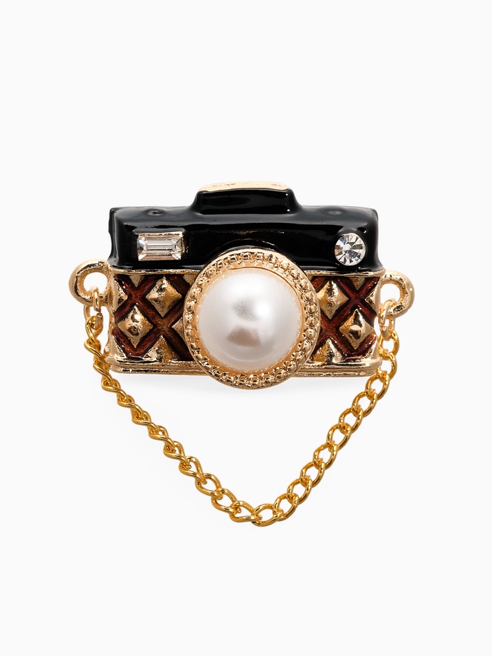 Брошь «Фотоаппарат» с жемчугом, чёрно-коричневая в золоте - Фото 1