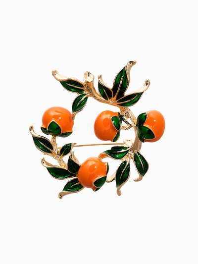 Брошь «Ветка апельсинов», оранжево-зелёная в золоте