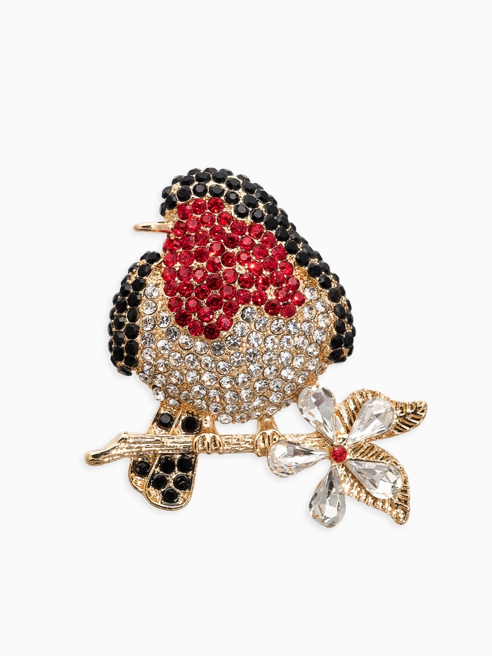 Брошь со стразами «Птица Снегирь», чёрный, красная в золоте - Фото 1