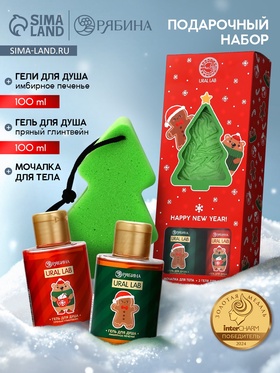Новогодний подарочный набор косметики Happy new year: гель для душа 2 шт. × 100 мл, мочалка для тела, URAL LAB