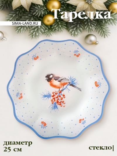 Тарелка новогодняя Доляна «Снегири на ветке», d=25 см, h=2 см, стекло, белая, голубая