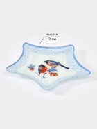 Блюдо новогоднее сервировочное Доляна «Снегири на ветке», d=19 см, стекло, голубое - фото 58174868