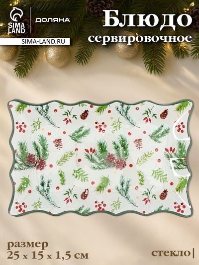 Блюдо новогоднее сервировочное Доляна «Еловые ветки», 25×15 см, стекло, белое, зелёное
