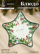 Блюдо новогоднее сервировочное Доляна «Еловые ветки», d=15 см, стекло, белое, зелёное - Фото 1