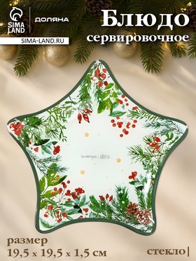 Блюдо новогоднее сервировочное Доляна «Еловые ветки», d=19.5 см, стекло, белое, зелёное