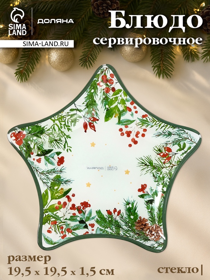 Блюдо новогоднее сервировочное Доляна «Еловые ветки», d=19.5 см, стекло, белое, зелёное - Фото 1