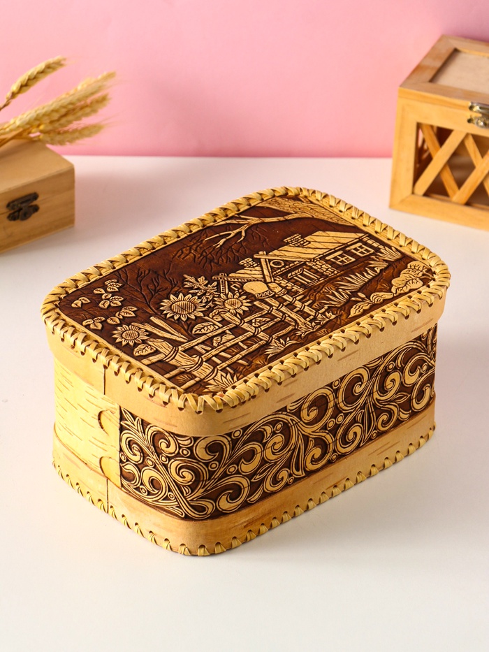 Хлебница - батонница с крышкой «Деревенька», 23×16×11 см, береста - Фото 1