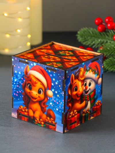 Деревянная копилка для денег «Снеговик с новогодней коняшкой», куб, 10×10×10 см, (набор 7 деталей)