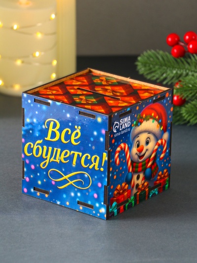 Деревянная копилка для денег «Снеговик с новогодней коняшкой», куб, 10×10×10 см, (набор 7 деталей)