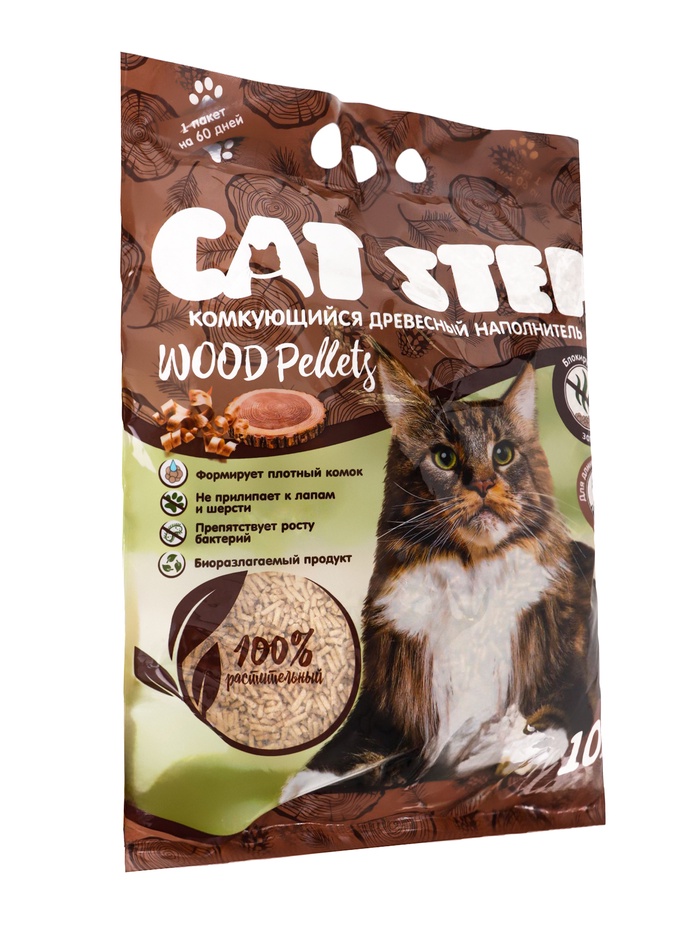 Наполнитель комкующийся растительный CAT STEP Wood Pellets, 10 л - Фото 1