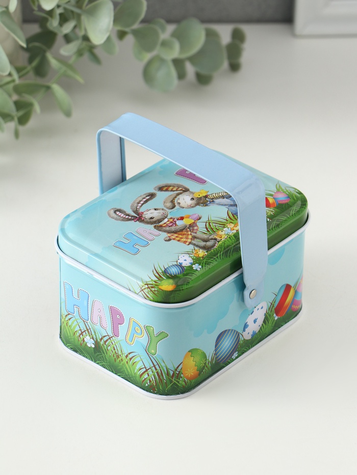 Шкатулка для хранения мелочей, украшений с ручкой «Крольчата с яичками», металл, 6×10.5×8 см - Фото 1