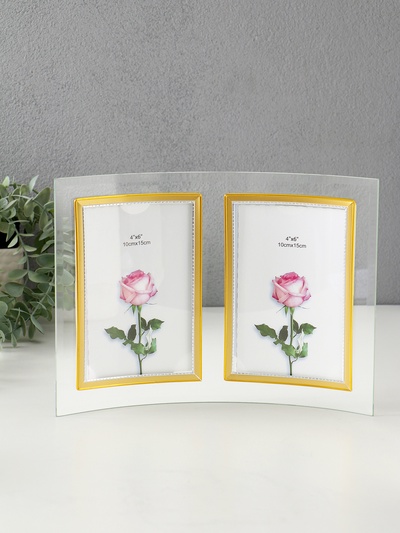 Фоторамка-коллаж на 2 фото 10×15 см «Золотой кант», стекло, вертикальная, закруглённая, прозрачная, 28×20.5 см