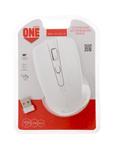Мышь Smartbuy ONE 352, беспроводная, оптическая, 4 кнопки, 1600 dpi, USB, 1хАА, белая