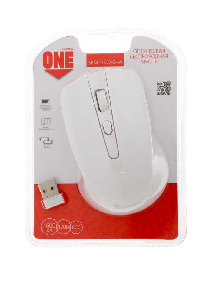Мышь Smartbuy ONE 352, беспроводная, оптическая, 4 кнопки, 1600 dpi, USB, 1хАА, белая - Фото 1