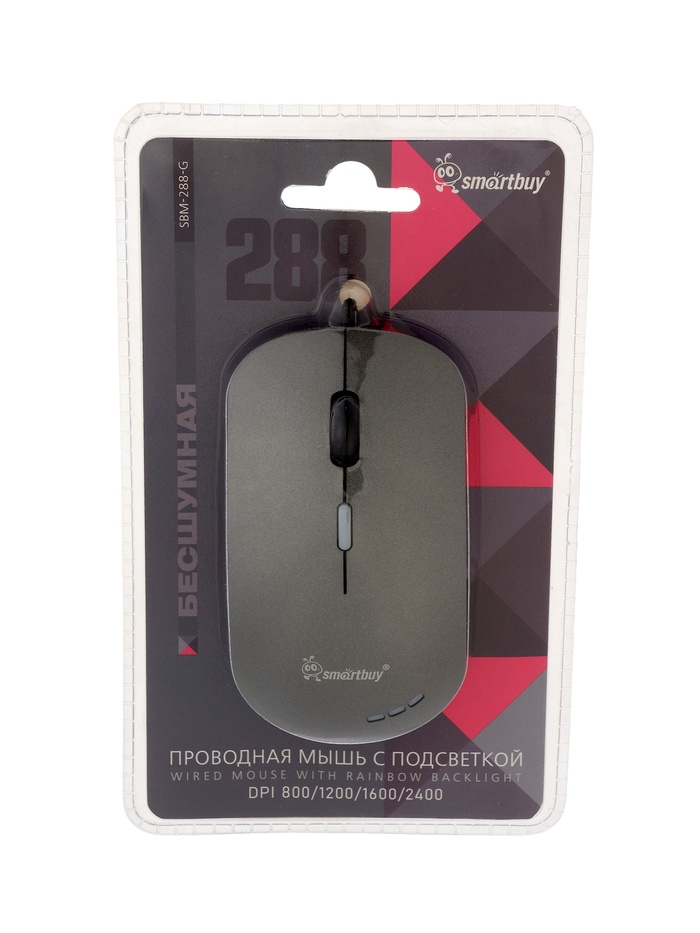 Мышь Smartbuy 288, проводная, оптическая, 4 кнопки, 2400 dpi, USB, с подсветкой, серая - Фото 1