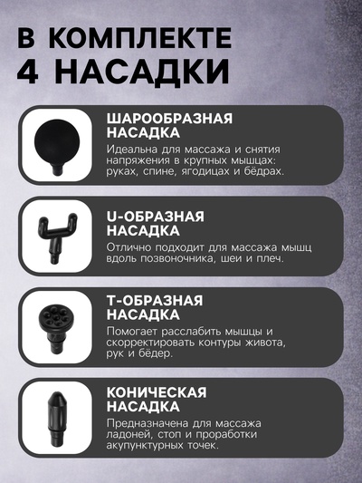 Массажёр для тела LEM-02, вибрационный, 4 насадки, 6 режимов, 1800-3200 об/мин, чёрный