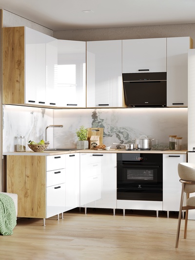 Кухонный гарнитур угловой «Рио» New, 1600×2000 мм, цвет белый глянец/дуб крафт/дуб вотан