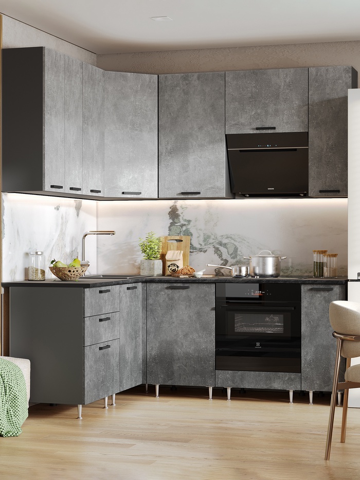 Кухонный гарнитур угловой «Рио» New, 1600×2000 мм, цвет бетон свет/бетон тёмный/графит/кастилло - Фото 1