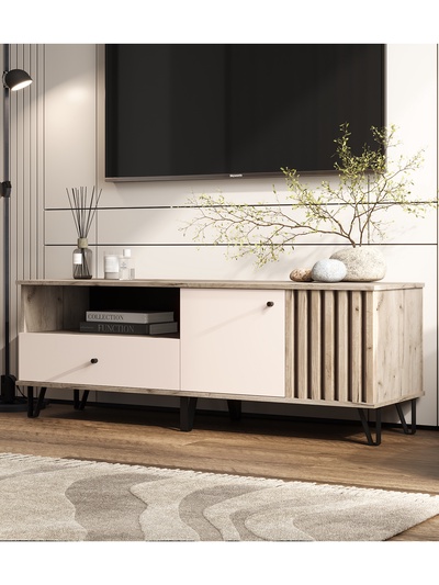 Тумба под ТВ «Роджина», 1502×426×511 мм, цвет кашемир/дуб крафт серый