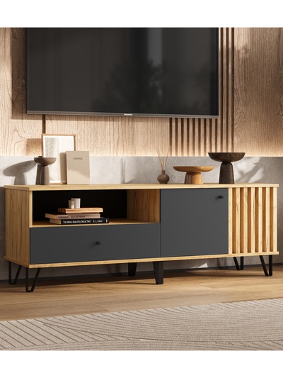 Тумба под ТВ «Роджина», 1502×426×511 мм, цвет графит/дуб крафт