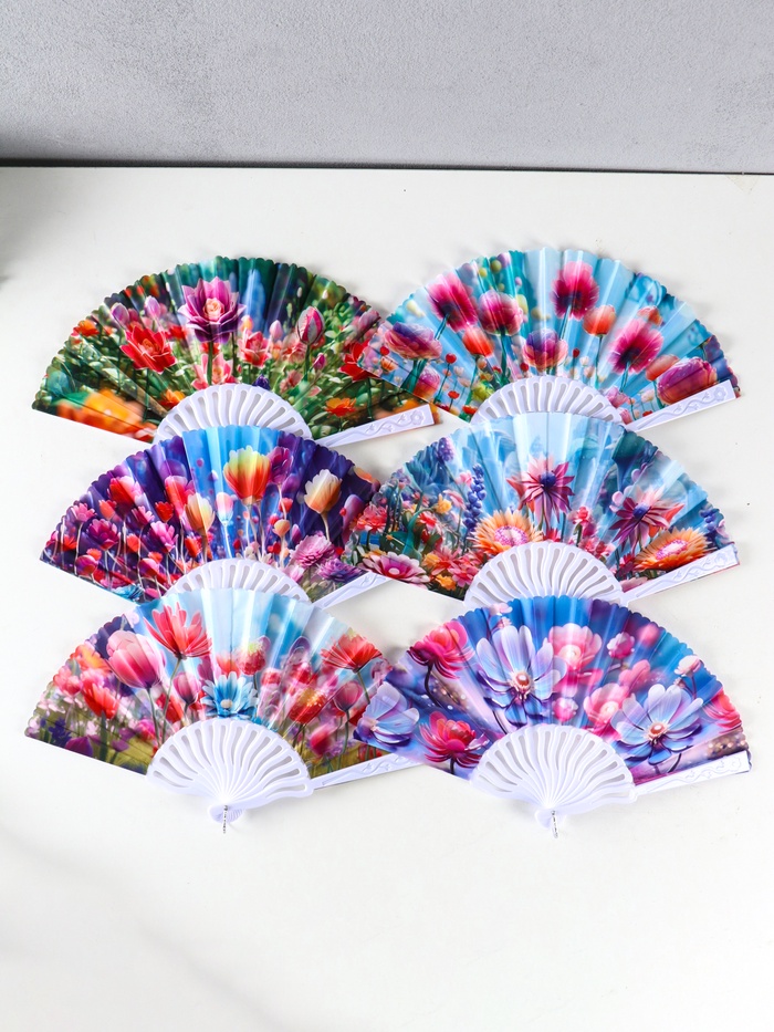 Веер складной «Пластилиновые цветы», 23 см, МИКС