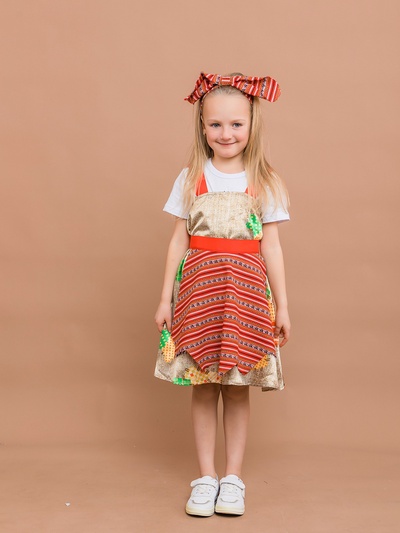 Карнавальный костюм детский «Бабка Ежка»: сарафан, фартук, бандана, р.128