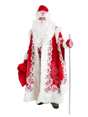 Карнавальный костюм новогодний «Дед Мороз Боярский», рубаха, шуба, шапка, варежки, мешок, парик, борода, посох