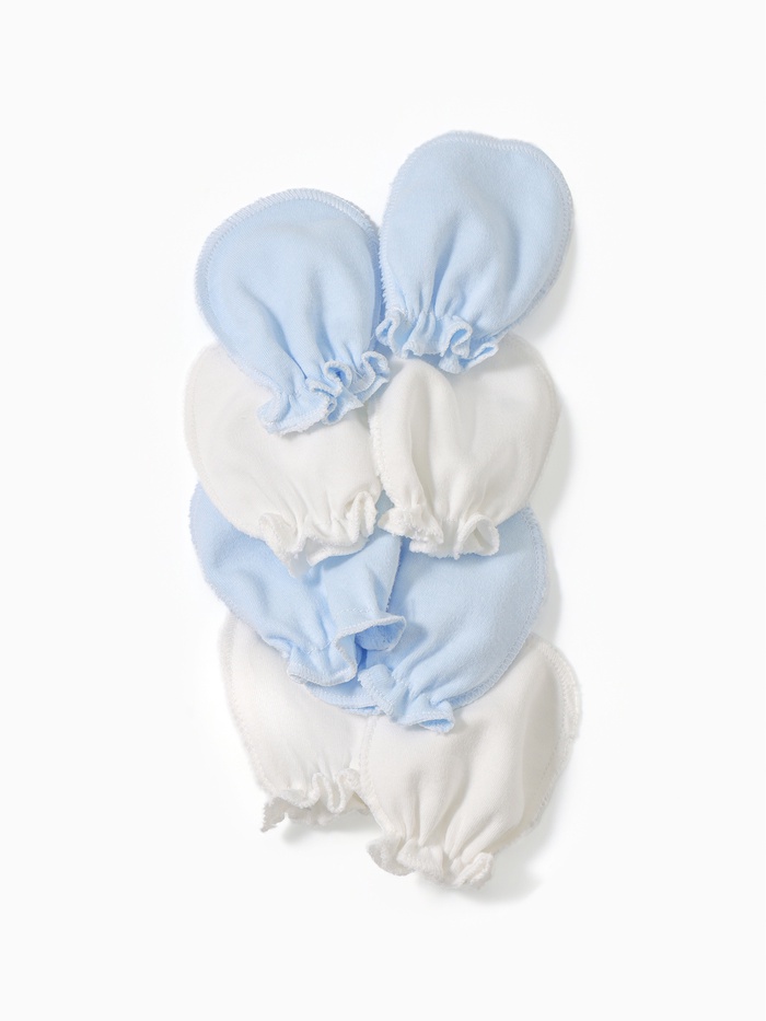 Антицарапки для новорожденных 4 пары, хлопок 100%, белые, голубые - Фото 1