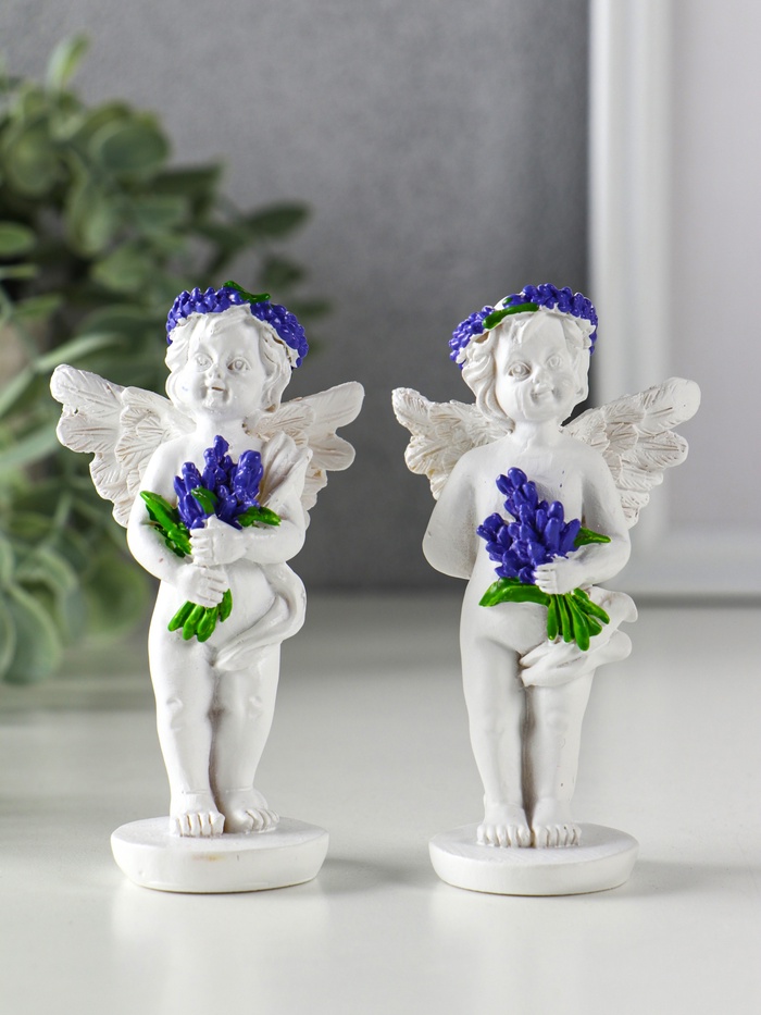 Фигурка полистоун «Ангел с букетом лаванды», бело-фиолетовый, 5.7×3.5×10 см, МИКС - Фото 1