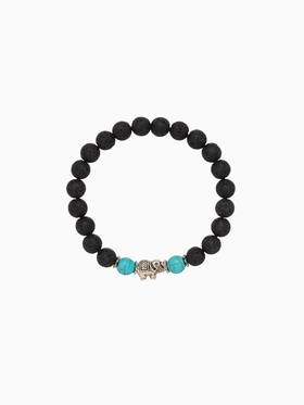 Браслет "Слоник" камень пирит, лава, длина 18 см, цв. чёрный, бирюзовый