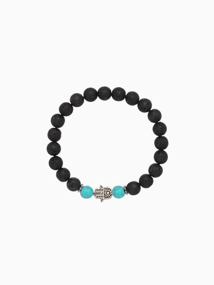 Браслет «Хамса», длина 18 см, камень пирит, лава, чёрный, бирюзовый