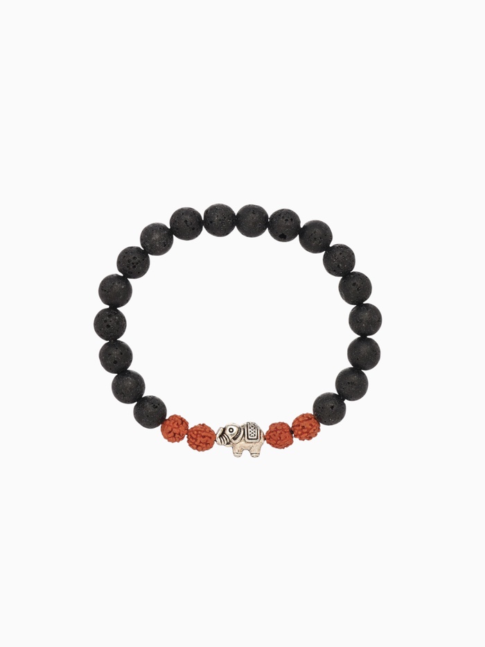 Браслет «Слоник», длина 18 см, лава, рудракша, чёрный, коричневый