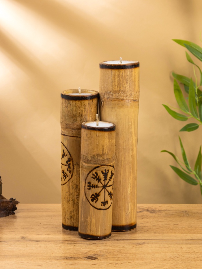 Свеча в бамбуке тройная «Руны», 13×14×30 см, 100 мл, бежевая - Фото 1