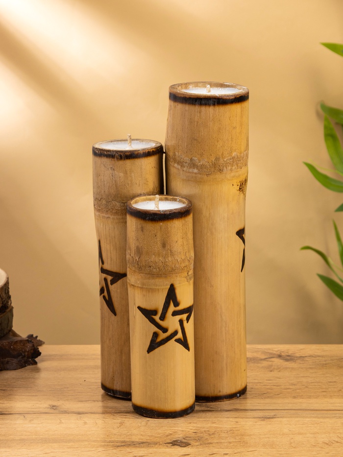 Свеча в бамбуке двойная «Звезда», 13×14×30 см, 100 мл, бежевая - Фото 1