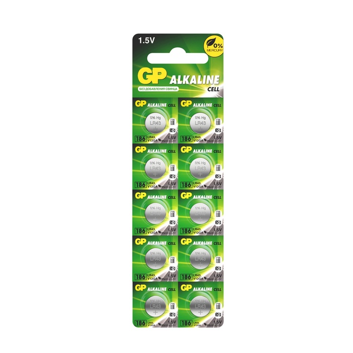 Батарейка алкалиновая GP, 186-10BL (Аналоги: LR43, G12, V12GA, 186), 1.5 В, блистер, 10 шт. - Фото 1